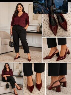 Pointed Slingback Block Heel Pumps - Burgundy Patent